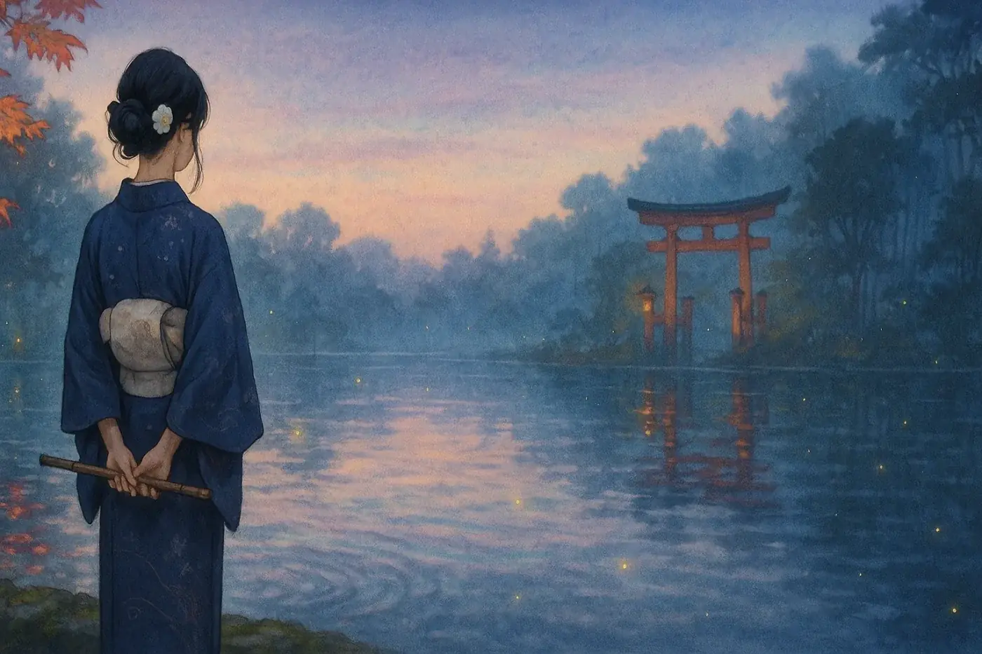 秀歌の作品世界。夕暮れの水辺と鳥居を見つめる、和装の女性