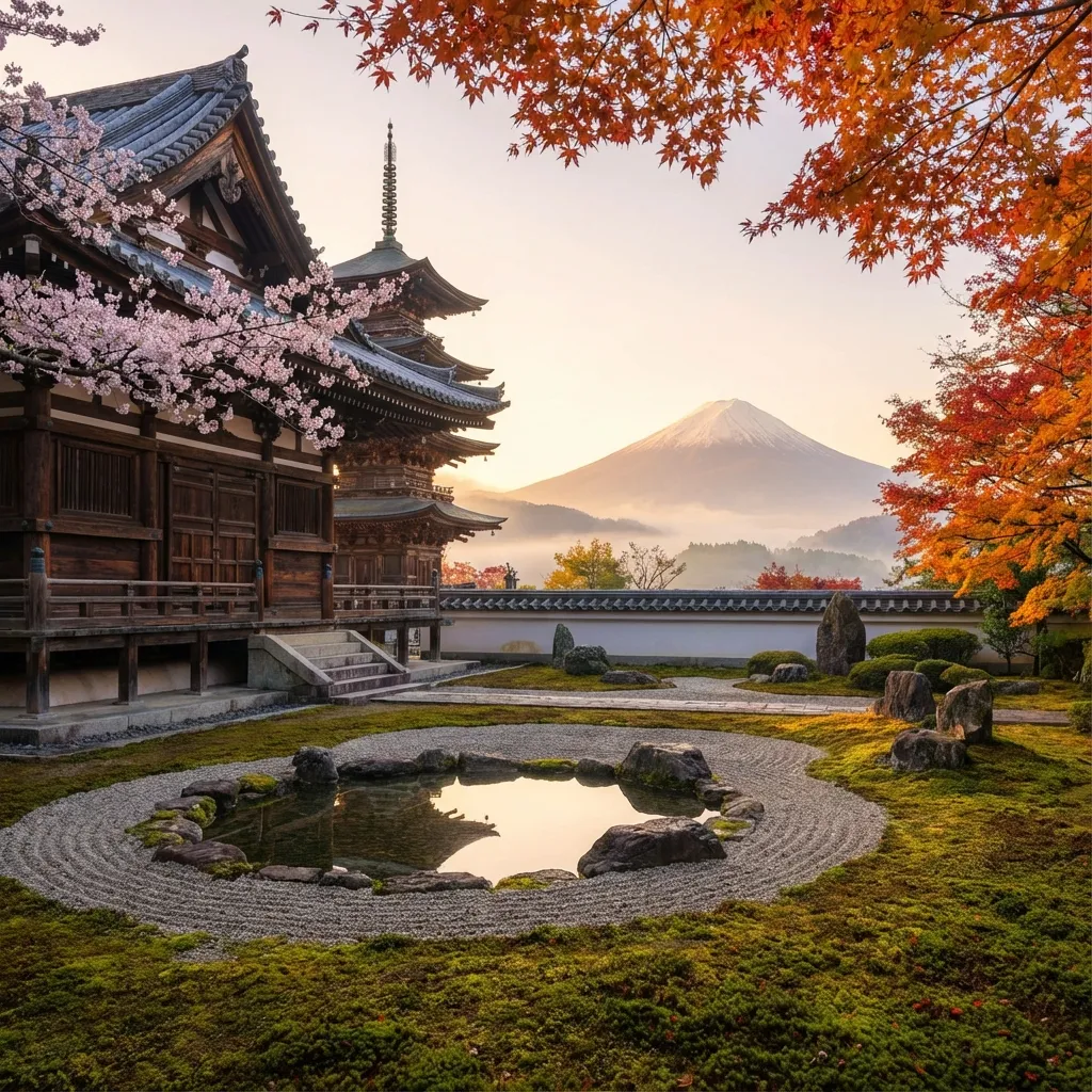 旅ログのメインビジュアル。季節の花と紅葉に彩られた、日本の風景